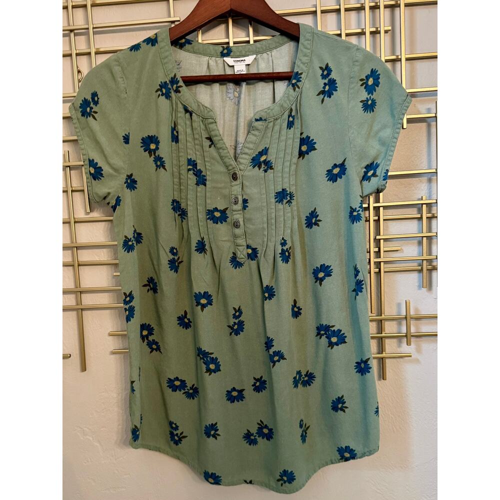 Sonoma Sage Green Blue Floral Peasant Blouse Small